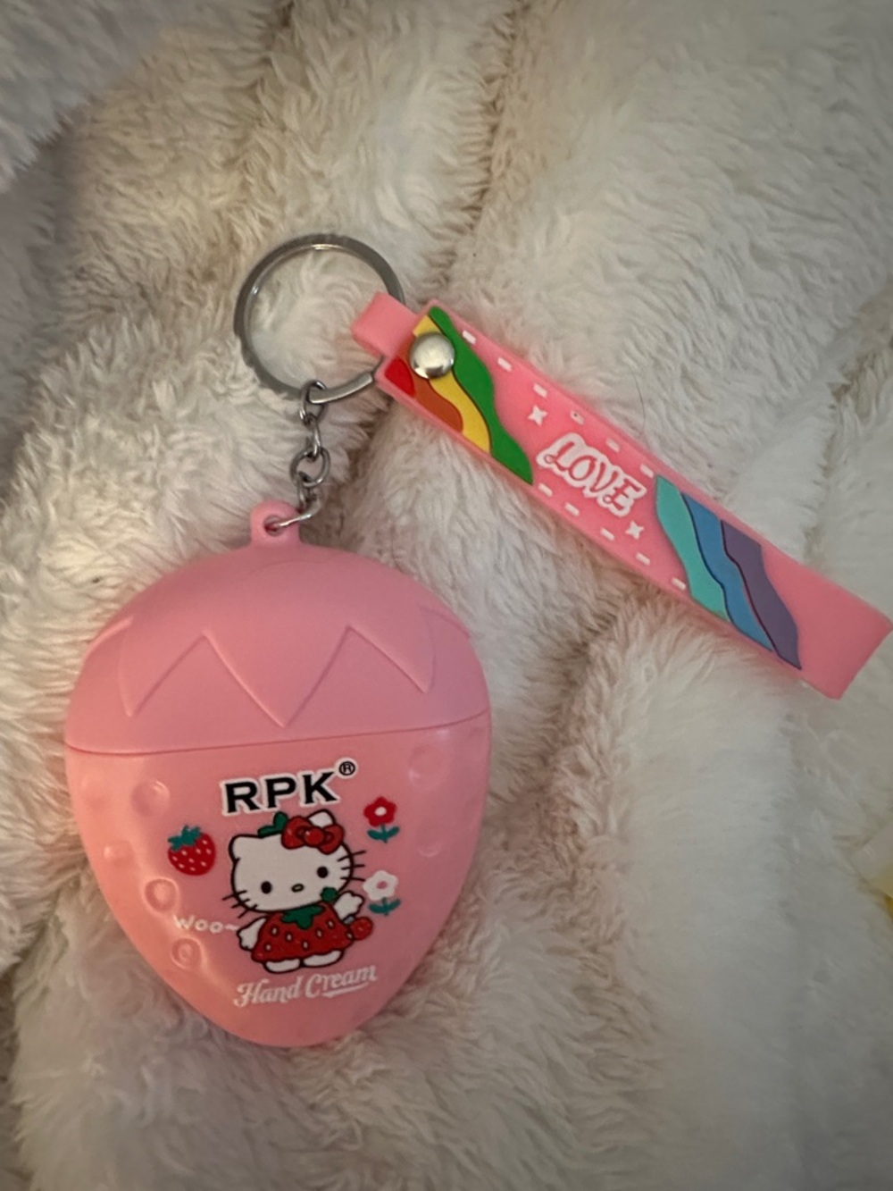 Hello kitty Cute Pink Strawberry Hand Cream Keychain with Kitty Design
